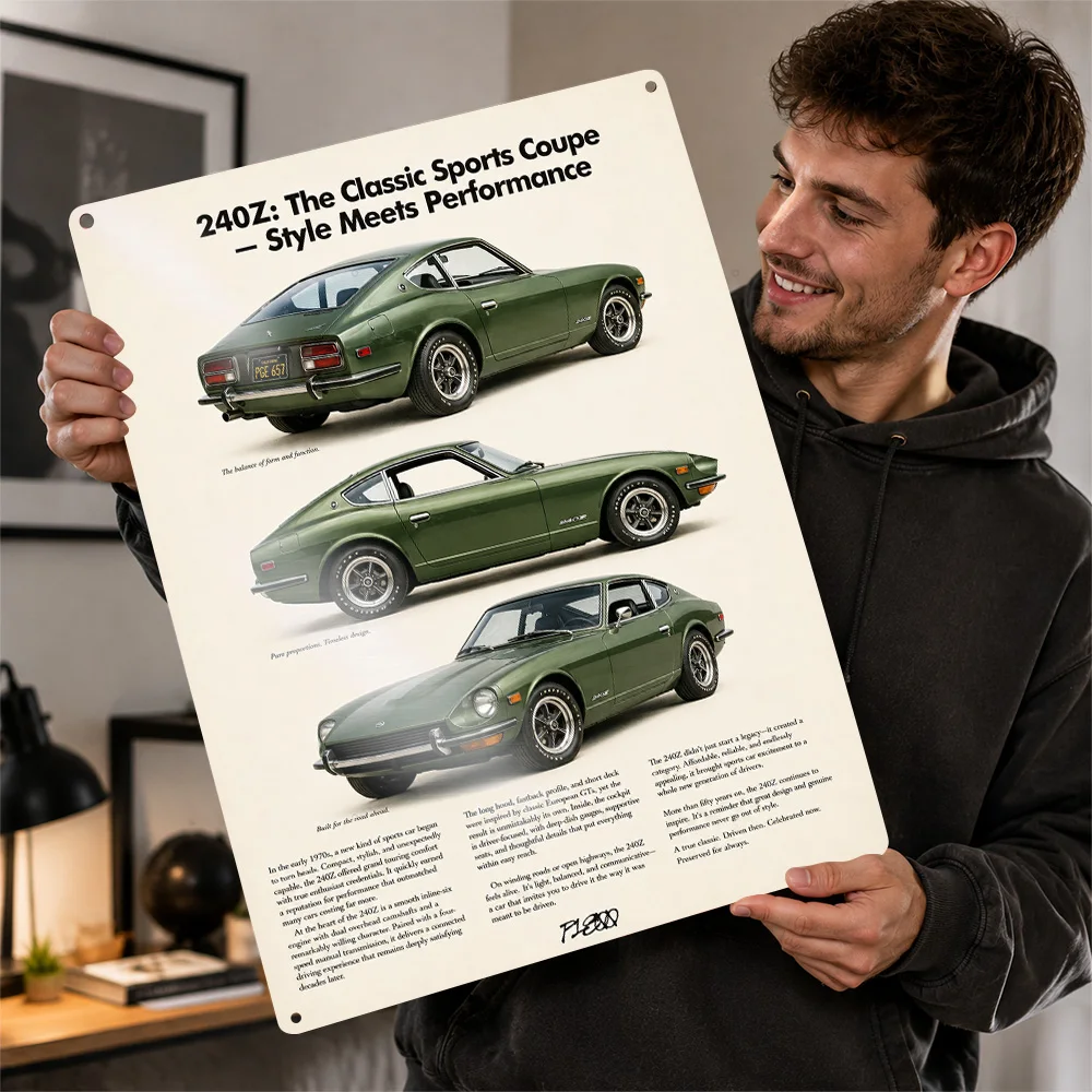 Japan 240Z Green Classic Car Printed Poster Customized Metal Sign Distinctive Machine Style Wall Art Brings Energy To Workshop