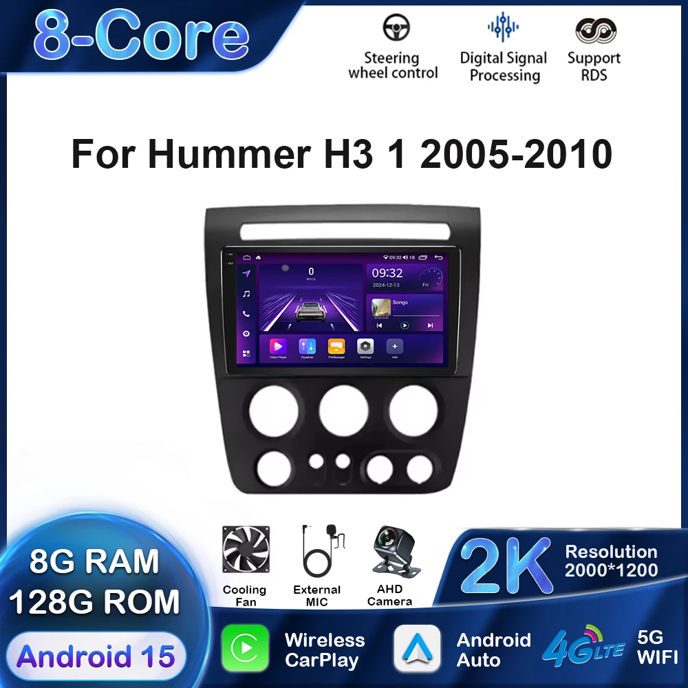 

9-дюймовый Android для Hummer H3 1 2005-2010 Автомобильный радиоприемник Мультимедийный плеер GPS-навигация Carplay 4G WIFI Стереомонитор без блока 2din