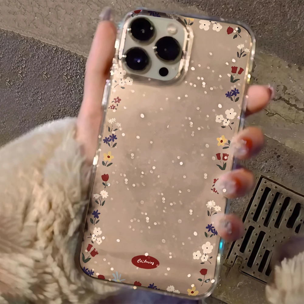 

Creative Flower Border Clear Glitter Phone Case For iPhone 17 15 13 16 12 11 14 Pro Max 17 Air XR X 16e Cases Shockproof Cover