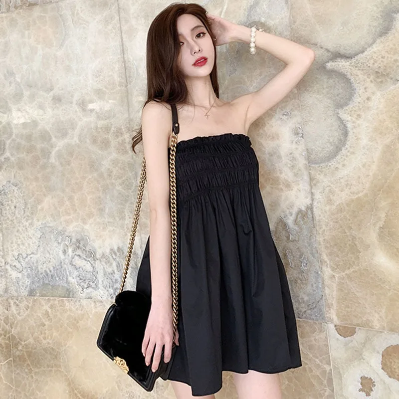 Women\'s Summer Fashion Casual Loose Off Shoulder Strapless Ruched Solid Color Bandeau Wrap Dress