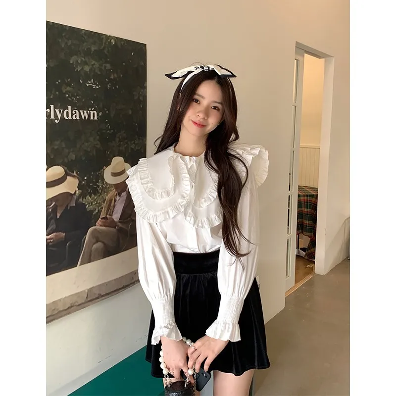 

Рубашка с кружевной отделкой Sweet Girl для женщин, весна-лето 2023, новинка, большие размеры, дизайн с длинными рукавами, топ в корейском стиле, однотонный.