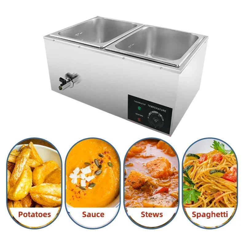 CHKJ l # Commercial Stainless Steel 2-Pan Electric Bain Marie Food Warmers Buffet Server with Lid and Tap for Home, Catering, Re