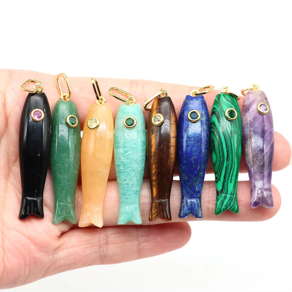 Fish Shape Inlaid Zircon Charms Crystals Stones Natural Amazonite Amethyst Rose Quartz Carved Gemstone for DIY Jewelry Accessory