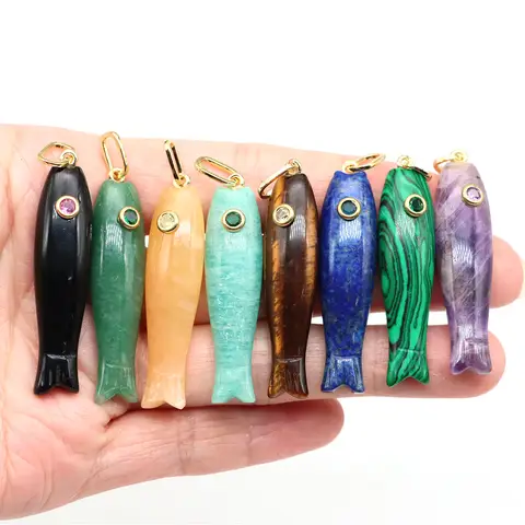 Fish Shape Inlaid Zircon Charms Crystals Stones Natural Amazonite Amethyst Rose Quartz Carved Gemstone for DIY Jewelry Accessory