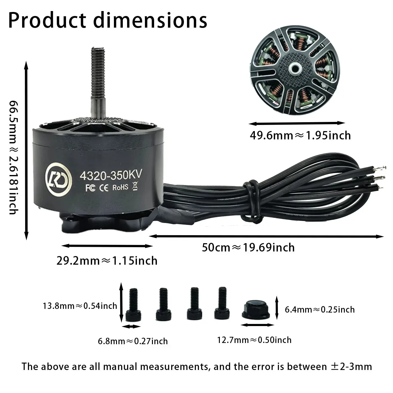 4320 350KV Brushless Motor - 43mm Stator O.D., 50mΩ Resistor, High Torque for Industrial Drone/FPV/Drone