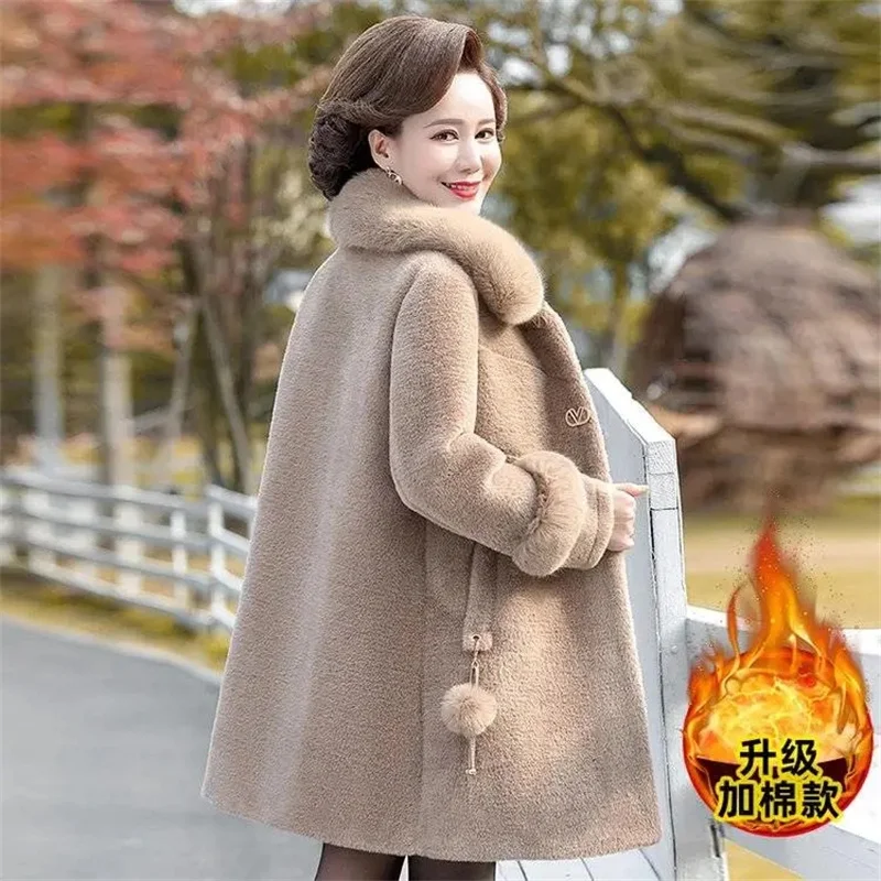 

Middle Aged Women's Winter Jacket Long Imitation Mink Velvet Cashmere Overcoat High Quality Elderly Mother Faux Fur Woolen Coats