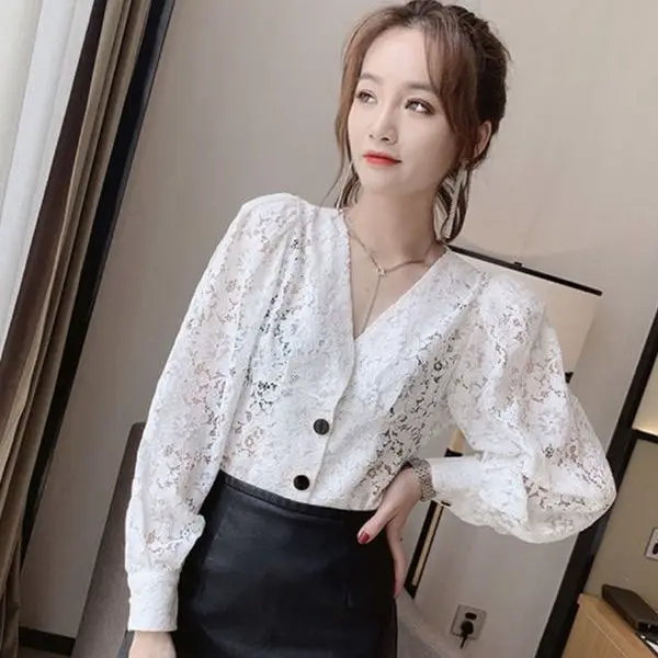 Blouse Women Long Sleeve Hollow Lace Shirt 2024 Fall Women\'s Clothing Puff Sleeve Top Blusas Ropa De Mujer