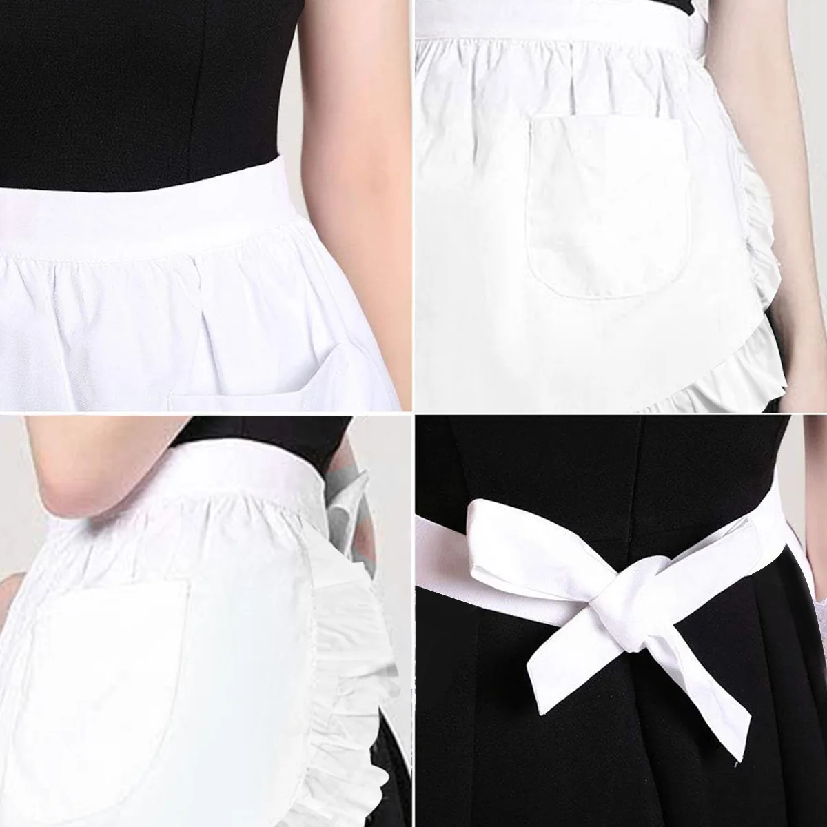 1 Piece Women\'s Cute Half Waist Apron with Wrinkled Edges White Home Kitchen Cleaning Waiter Apron Maid Role Play