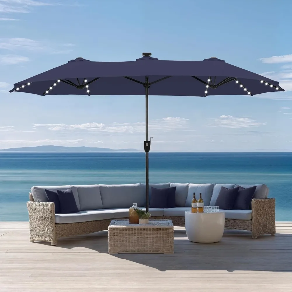 مظلة فناء خارجية بطول 13 قدم مع أضواء شمسية، مظلة كبيرة على الوجهين مع أضواء LED، مثالية للحديقة