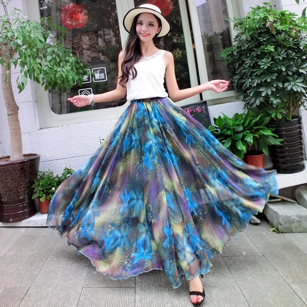 Summer Chiffon Flowers Print Holiday Bohemia Maxi Skirt Vacation Beach Korean Elastic Waist Long Skirts For Woman boho