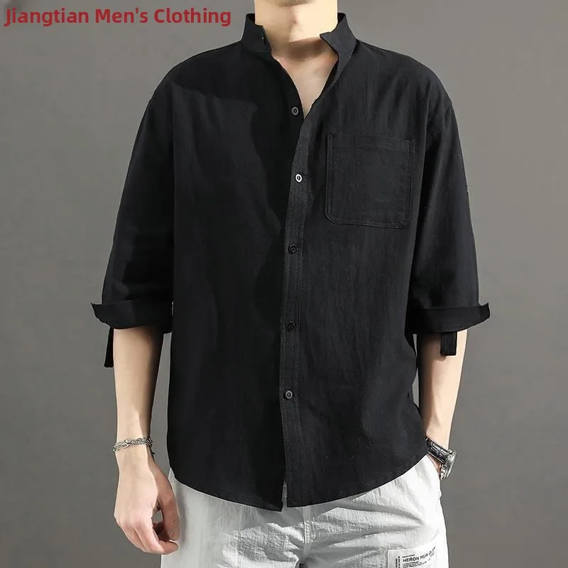 

Мужской хлопок и лен irt ort Sve Stand Collar Seven Sve Korean Sle Haome Trendy Dk Upper Body Autumn Season