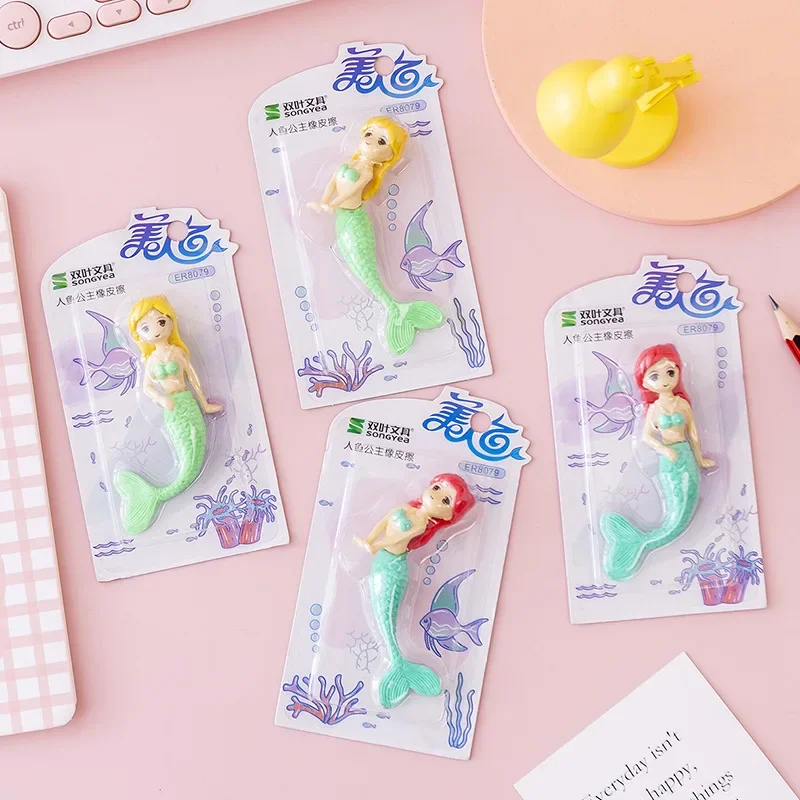 Imagem -02 - Cute Mermaid Princess Eraser para Meninas Lápis de Desenhos Animados Kawaii Borracha Montada Papelaria Infantil Office School Supplies Pcs Set