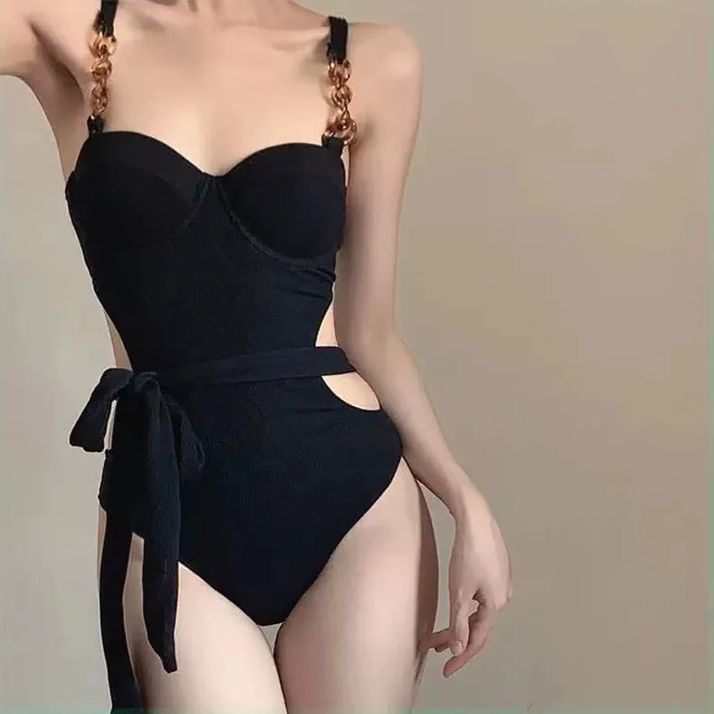 2023 Japan And South Korea New Female One-Piece Suspenders Style Small Chest Gathering Slimming Spice Girl Holiday Swimsuit