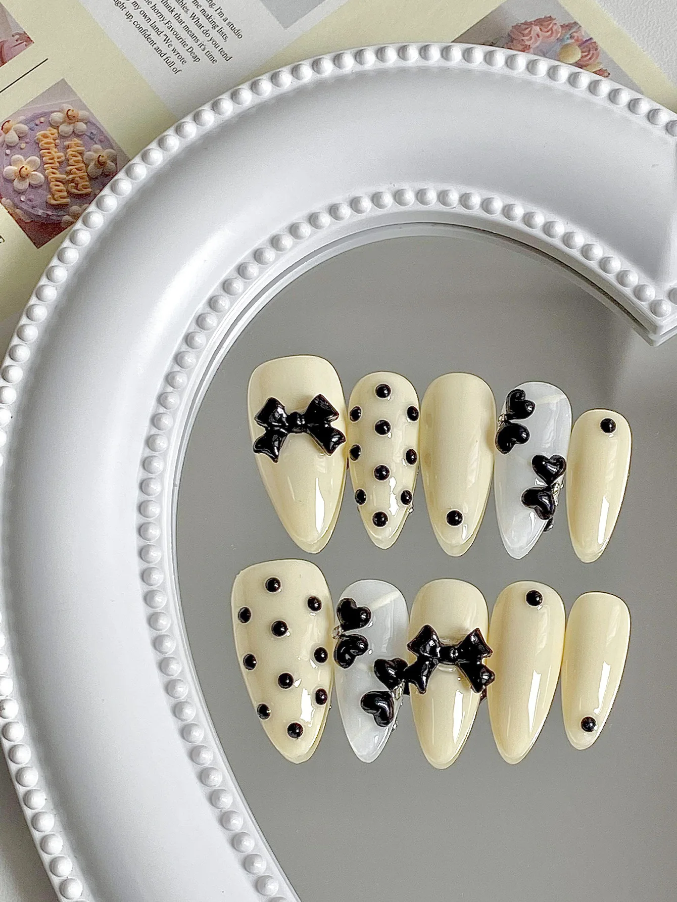 Sweet Cream Almond Press On Nails, Handcrafted Fake Nails, Black Polka Dot Pattern, 3D Black Bow, Glossy Surface, Reusable Nail