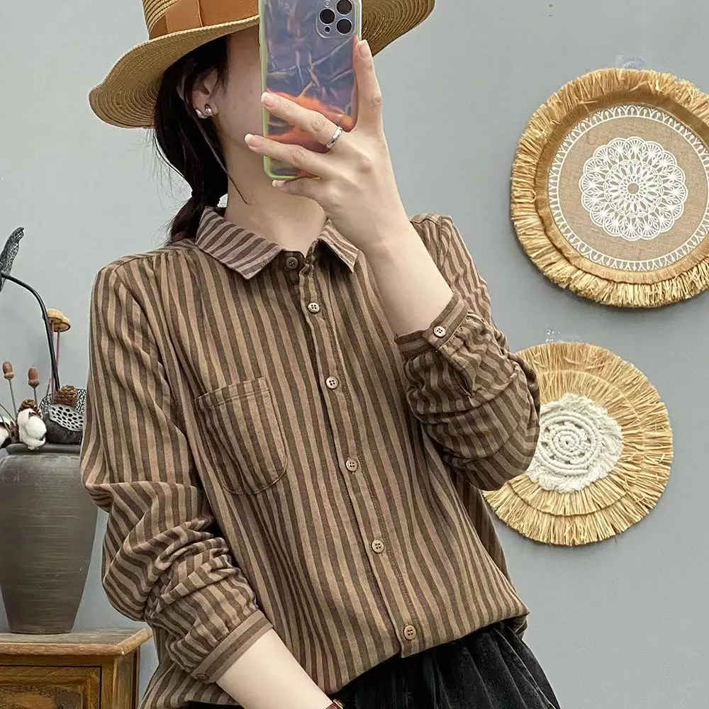 New Pure Cotton Striped Long Sleeved Shirt Double-layer Cotton Yarn Women\'s Spring Autumn Casual Slimming Age Reducing Top Shirt