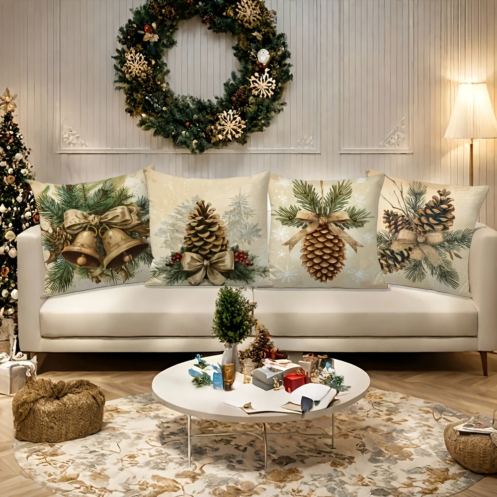 4Pcs Double‑Sided Christmas Pillow Covers, Christmas Bell Bow Pine Cone Print Zipper Cushion Cases for Sofa Bed Holiday Decor