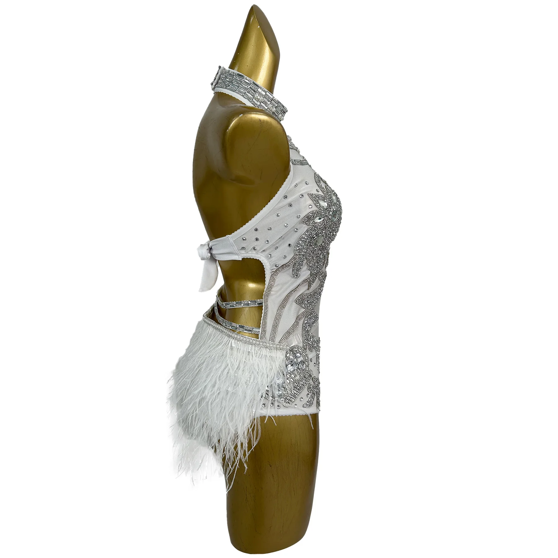 Kombinezony damskie z piórami i dżetami, na ramiączkach, idealne na imprezy w klubach nocnych, do tańca na rurze, na występy sceniczne, na festiwale.