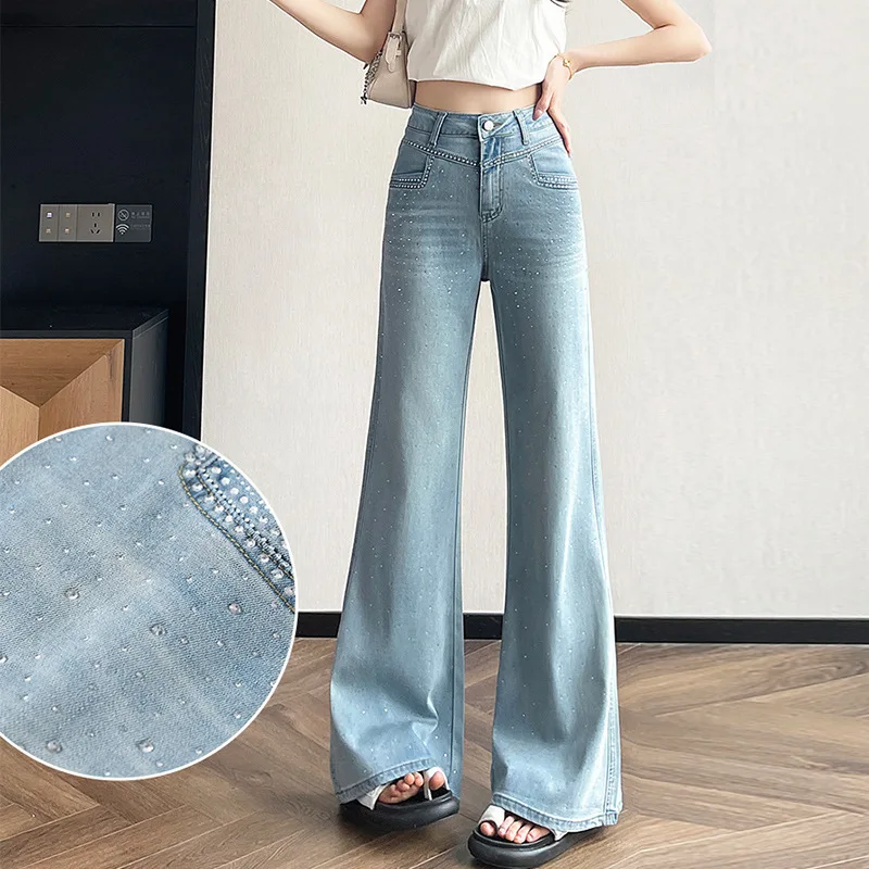 

Spring and Summer New Ladies Full Star Micro Denim Jeans Girls Pants High Waist Thin Elastic Hot Drill Flare Pants Casual Pants
