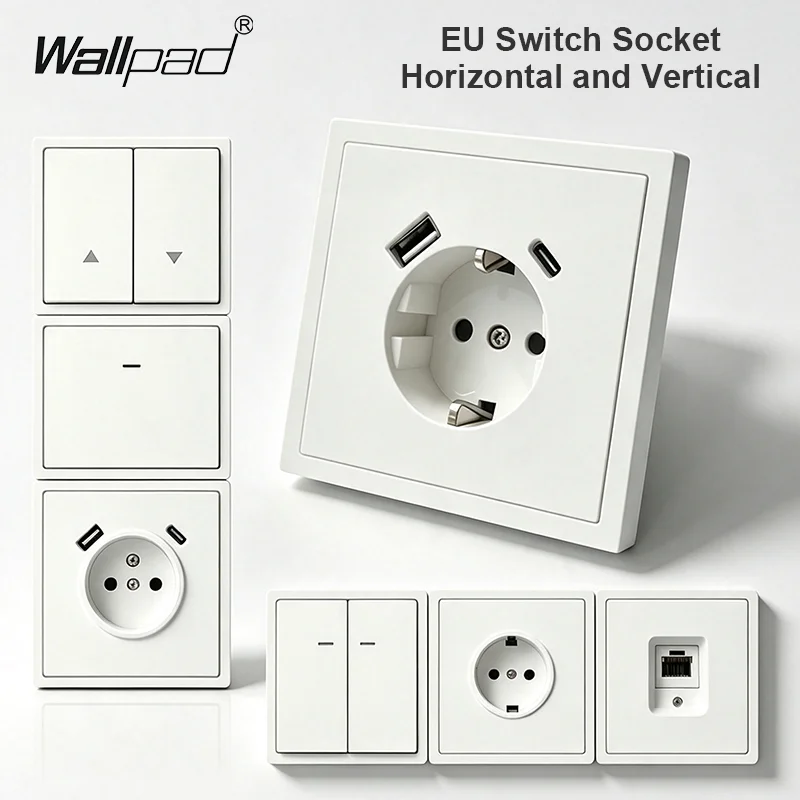 Wallpad 80-Typ EU-Standard 16A Wandsteckdose, weißes PC-Panel mit USB Typ-C, vertikale und horizontale Installation, passend für EU-Box, für Zuhause.