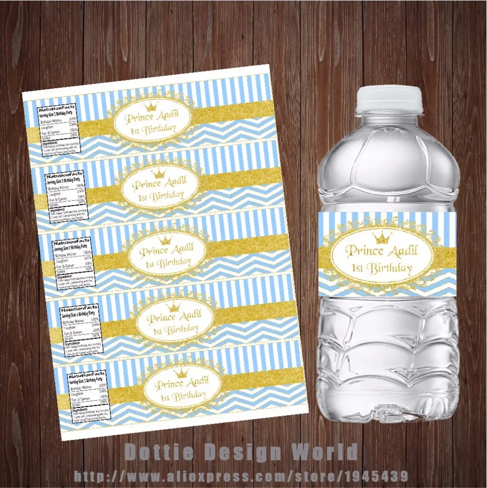 Personalised Prince Water Bottle Label Blue Gold Adhesive Candy Bar Wrapper Boy Girl Birthday Party Baby Shower Decor Supplies