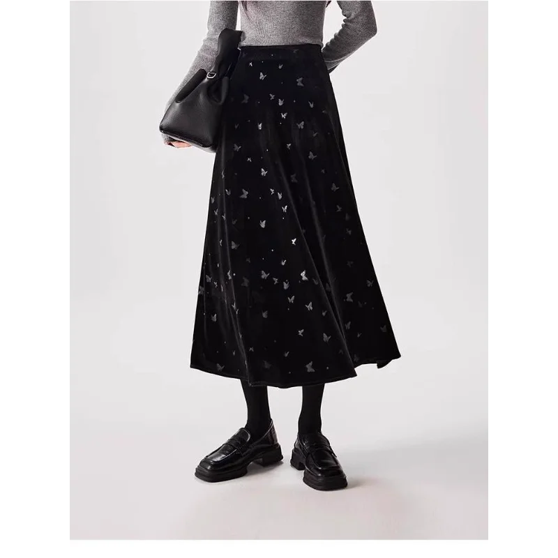 

Butterfly Print Velvet Black Skirt Women's New Autumn Winter Versatile A-Line Skirt