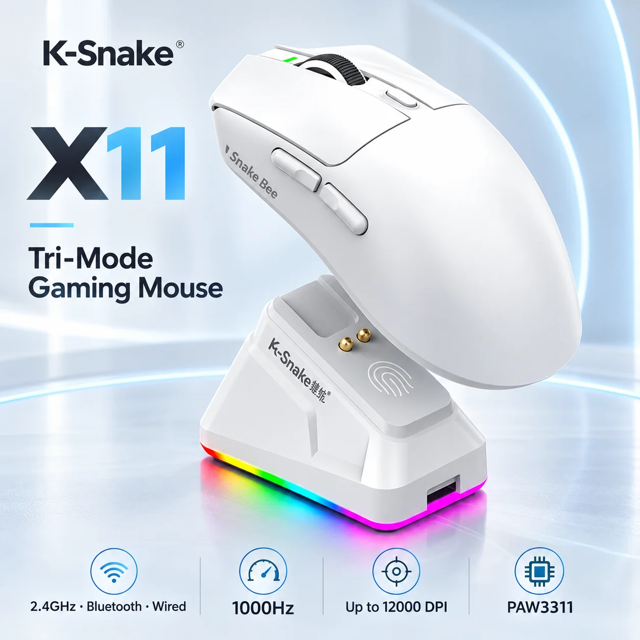 X11 Series Gaming Mouse Lightweight PAW3311 Tri-Mode 2.4G Wireless Bluetooth RGB Charging Dock Esports Mouse for Gaming Office