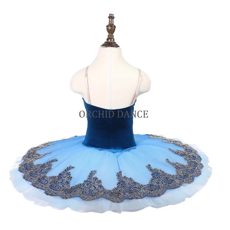 Cheap Custom Size 7 Layers Kids Girls Stage Performance Wear Velvet Blue Ballet Tutu Costumes