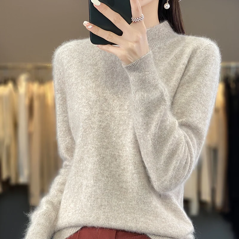 Women\'s Loose Half Turtleneck Pullover, 100% Mink Cashmere Sweater for Women\'s, Simple Soft Tops, Basic Style, Spring and Autumn