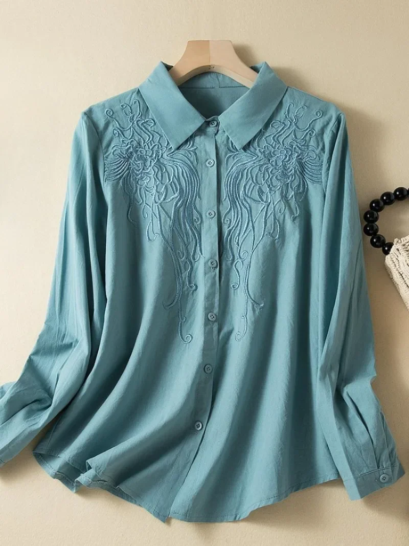 Women's Chinese Style Shirt, Cotton Linen, Vintage Blouses, Embroidery Clothing, Loose Long Sleeve Women Tops, Summer