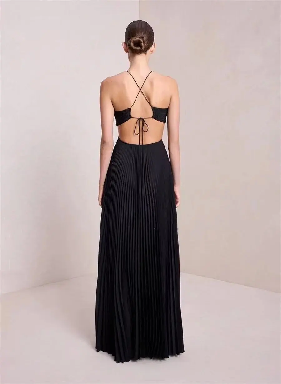 Summer/Autumn Women Dress Polyester Sexy Spaghetti Backless Floor-Length Sleeveless Pleated High Waist Holiday Evening Gowns