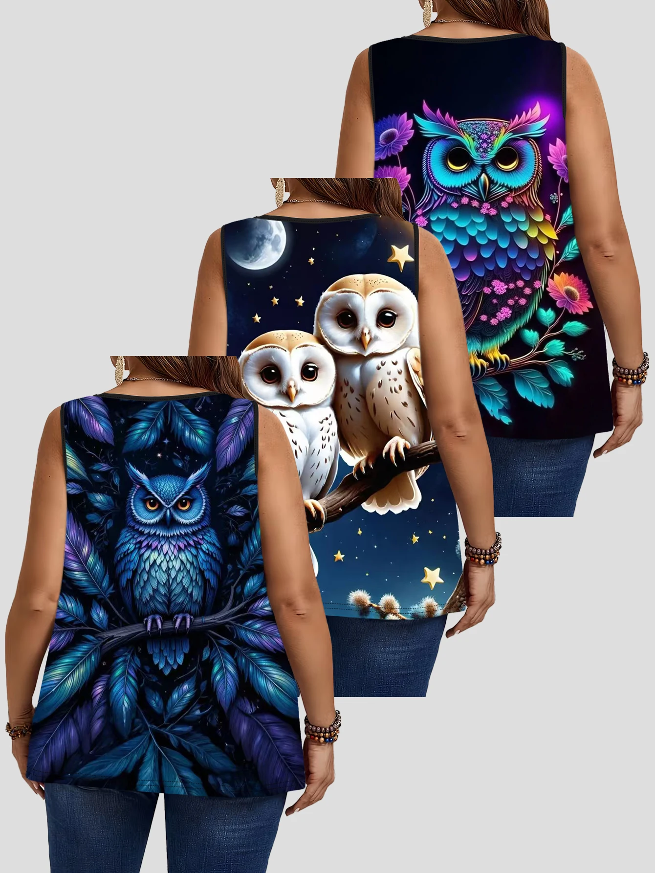 3-Piece Set of Plus-Size Fantasy Owl Print Sleeveless Vests for Women, Starry Sky Colorful Feather Owl Loose Round-Neck Tops That Cover the Body and Can Be Worn Outside