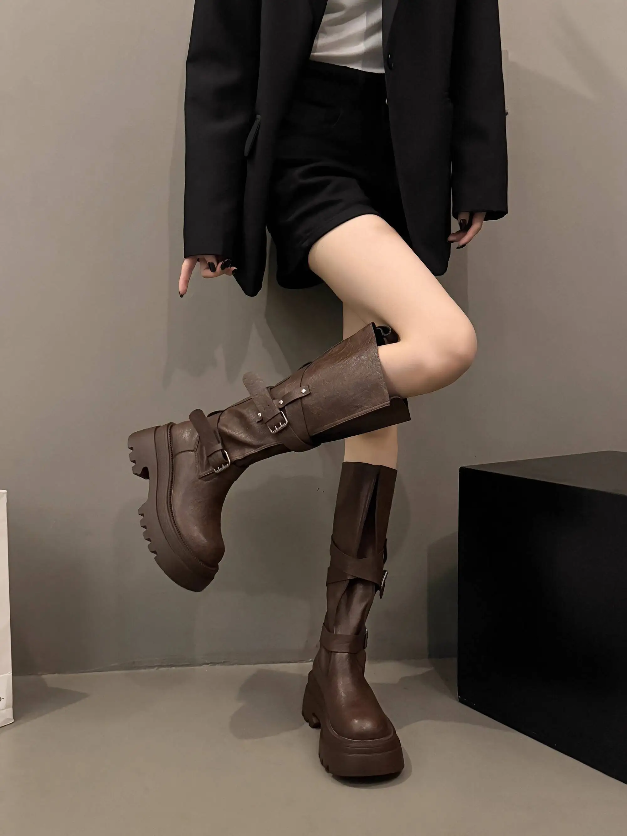 

Women Boots 2025 New Autumn Women's 7cm Thick Soled Knee High Boots Brown Maillard Style Riding Boots Slim Fit High Calf Boots