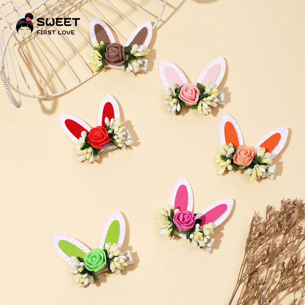 Cute Hair Clips for Baby Girls Multi Color Flowers Hairpins Rabbit Ears Bunny Barrettes Kids Hair Accessories for Children