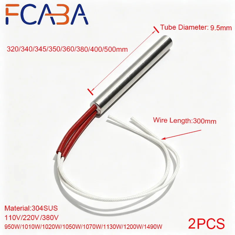 FCABA Mould Heating Tube Single End Cartridge Heater 304 Stainless Steel 2PCS 9.5mm 320~500mm 110V/220V/380V Heating Resistance