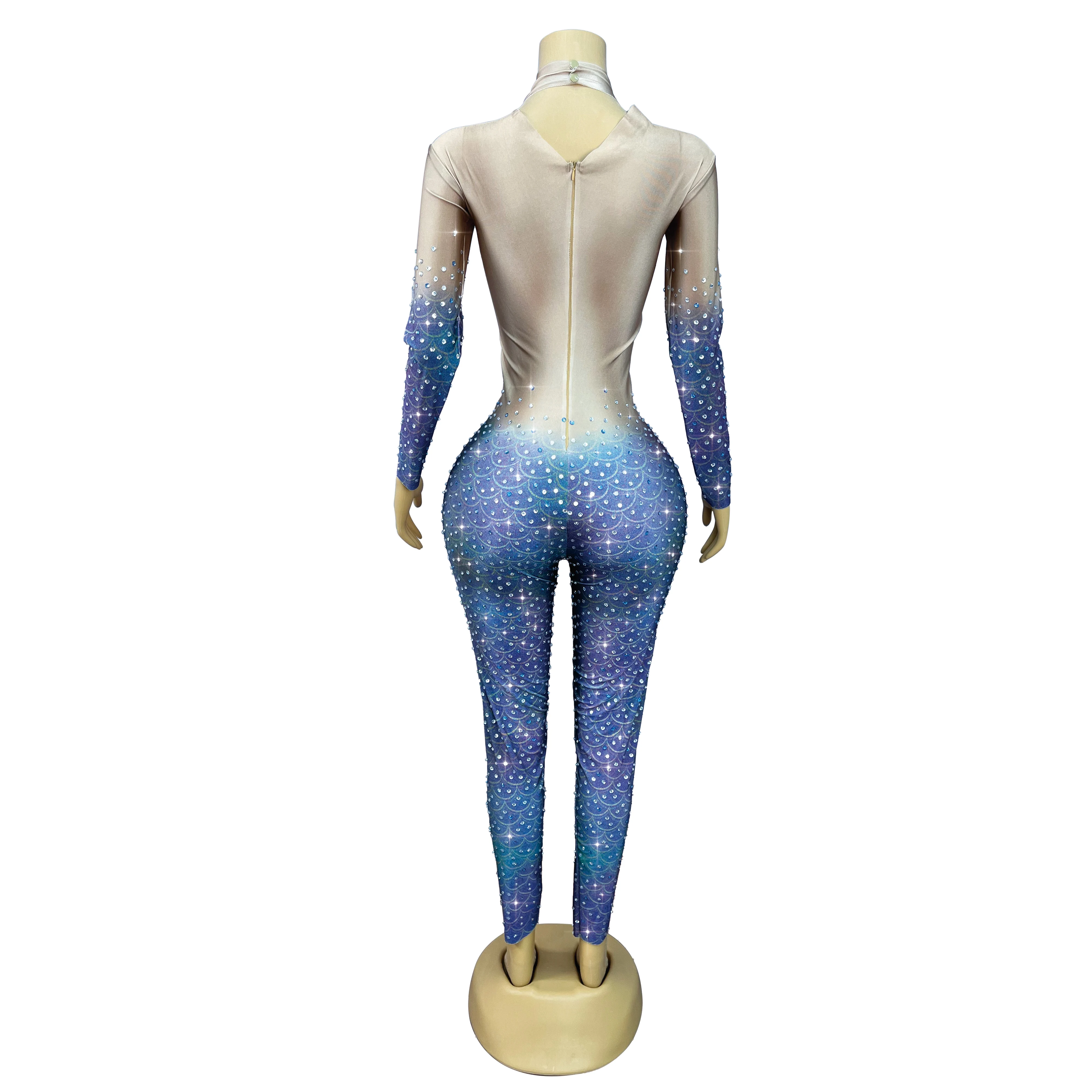 New Fish Scale Pattern Designed Shining Rhinestones Bodysuit Women Party Show Fashion Outfit Singer Dancer Performance Renyulei