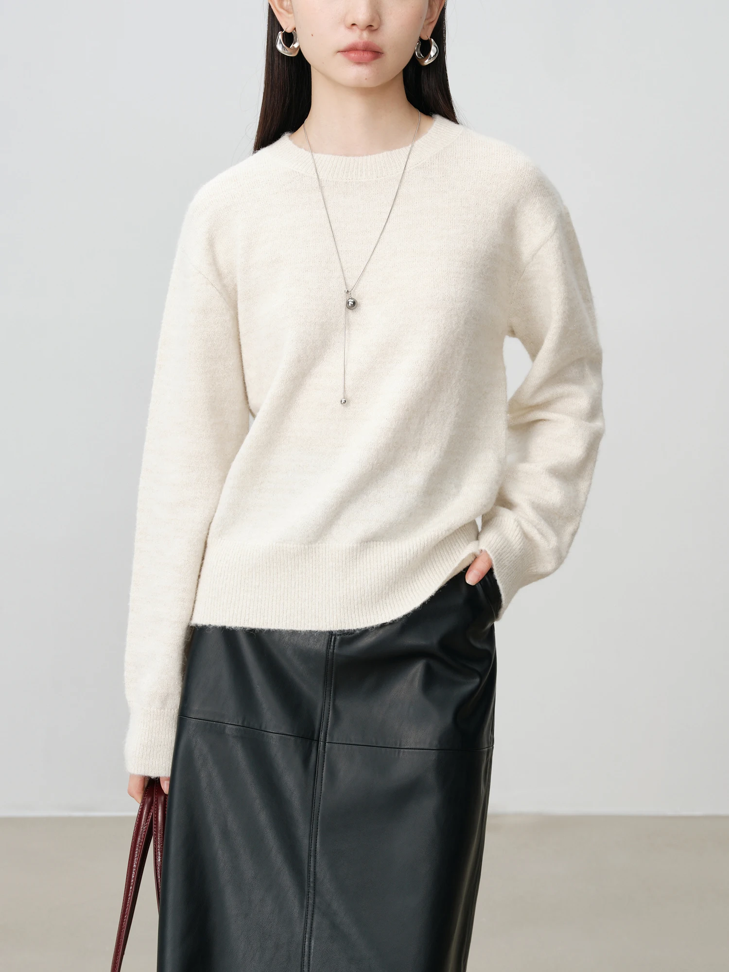 ZIQIAO【3 Colors】Women Sweater Grey Round Neck Drop Sleeve 5.6% Wool Pullover Sweaters Winter Beige Long Sleeve Top 24ZQ94334