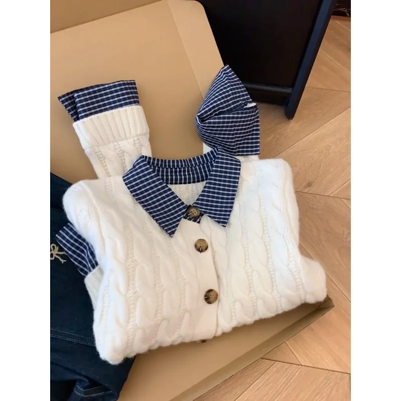 

Корейский стиль, искусственная рубашка из двух предметов, многослойный свитер, женский осенне-зимний вязаный кардиган, куртка