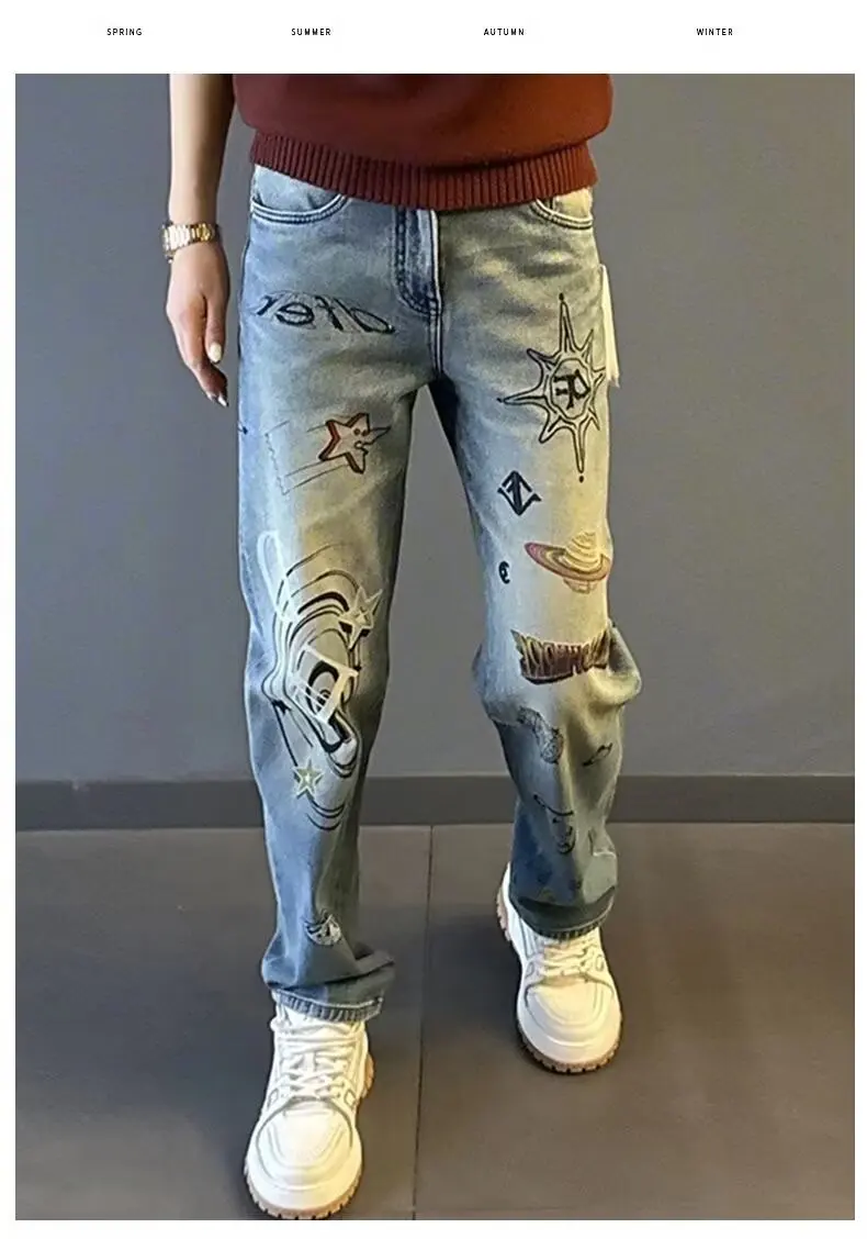 Men Blue Denim Jeans letter print Jeans Italian High Street Style Denim Pants High Quality Male Slim Fit Denim Trousers Size 38