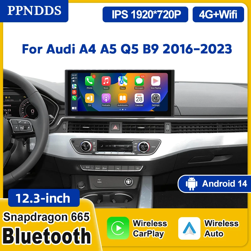 PPNDDS Android 14 Wireless Touch Screen Carplay Multimedia Player For Audi A4 A5 Q5 B9 2016-2023 GPS Stereo Navi Player