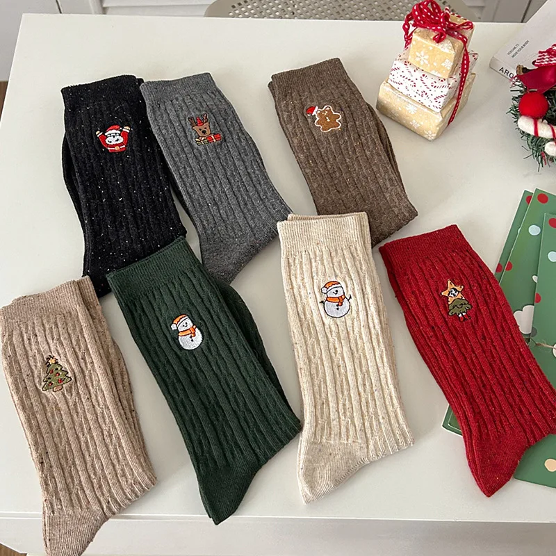 

Christmas Socks Santa Claus/Snowman/Christmas Tree Embroidery Cute Socks Women Autumn and Winter Solid Color Long Socks Sox Gift