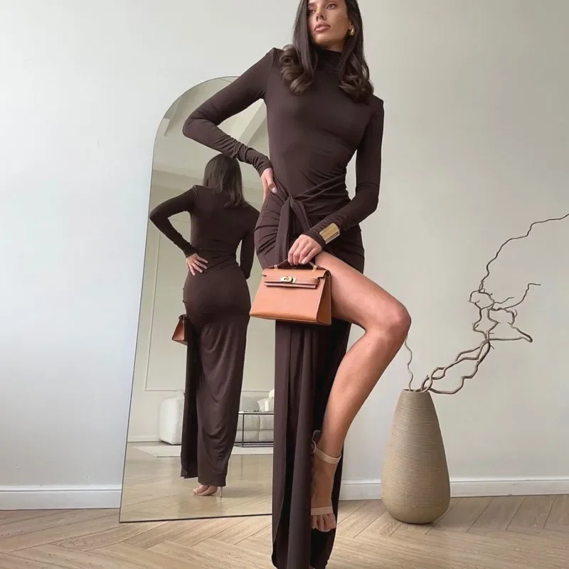 

2024 Fashion Turtleneck Thigh High Split Sexy Maxi Dress For Women Fashion Long Sleeve Draped Bandage Bodycon Club Long Dresses