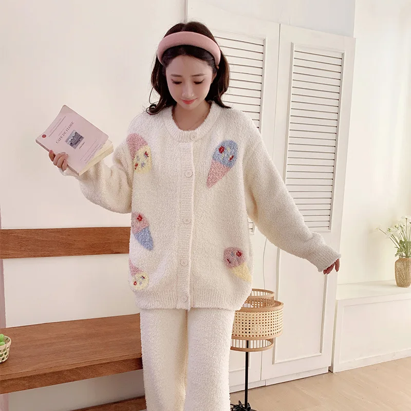 

Female Pajamas Homewear Women's Thickened Coral Fleece Sweet Half-Pile Sweater Autumn Winter Lady Loungewear Keep Warm Outerwear
