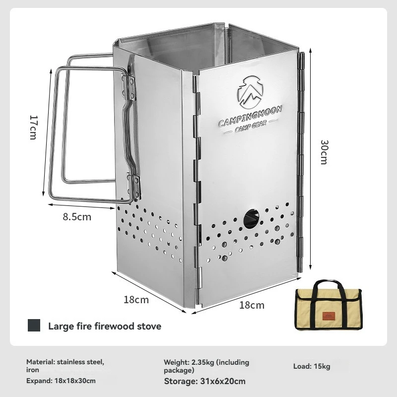 Estufa de carbón con encendedor portátil plegable CAMPINGMOONMT-18, viene con bolsa de almacenamiento, estufa de carbón de cuatro esquinas para barbacoa
