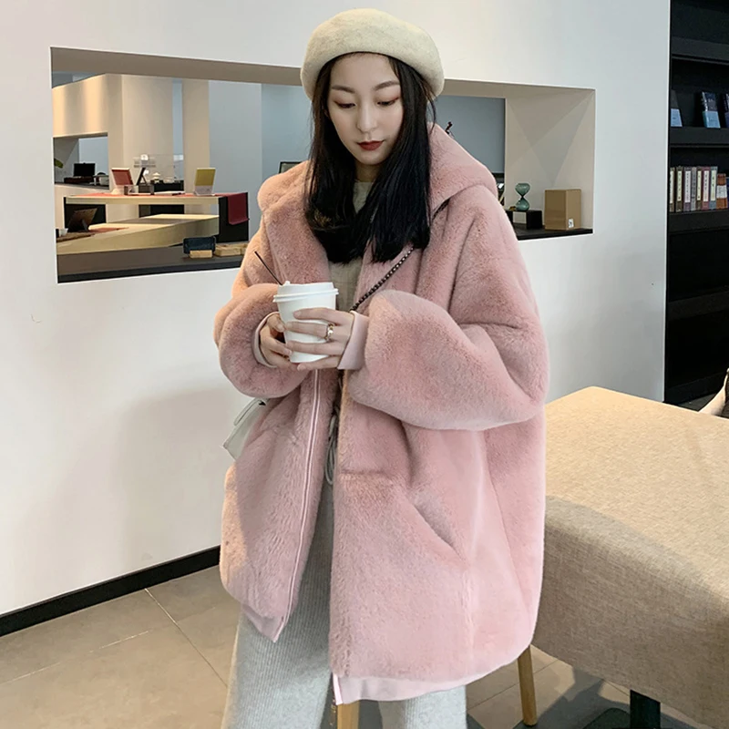 Elegant Lady Mink Fur Coat Zipper Hooded Jacket Women's Faux Fur Overcoat Harajuku Oversize Loose Jackets and Coats Korean