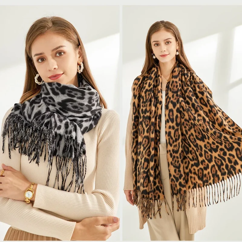 Leopard Cashmere Scarf Tassel Shawl Wraps For Women Neckerchief Winter Warm Blanket Stoles Thick Soft Pashmina 2024 Muffler