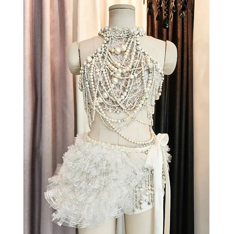 Sexy Y2k Clothes Women Kpop Outfit Singer Idol Costume Pearl Chain Vest Tops Jazz Performance Clothing Nightclub Dj Wear JL5532