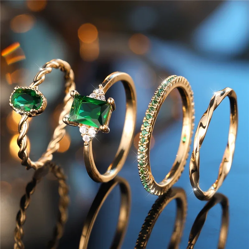 Luxury Female 4pcs Green Zircon Stone Ring Set Trendy Yellow Gold Color Engagement Cute Bride Wedding Jewelry Gift for Women