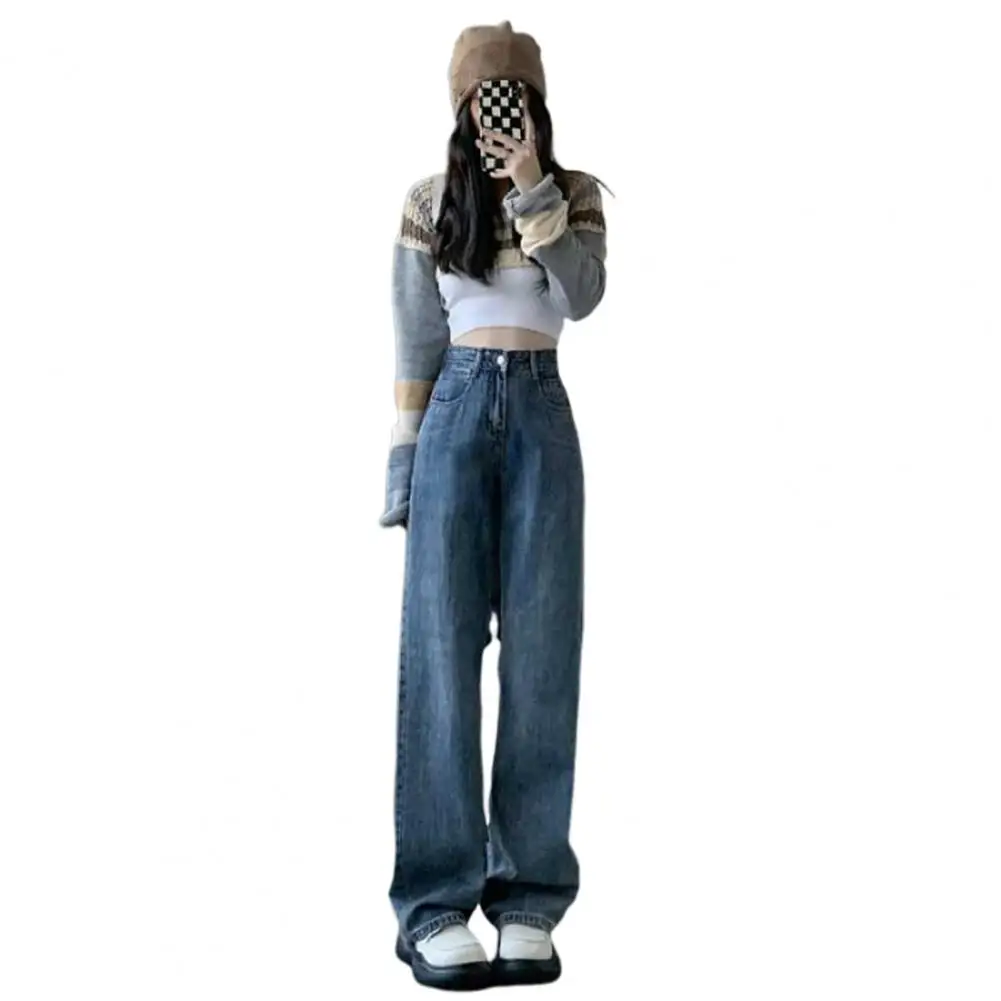 

Women Jeans High Waist Wide Leg Jeans with Multiple Pockets Wide-leg Denim Pants Streetwear