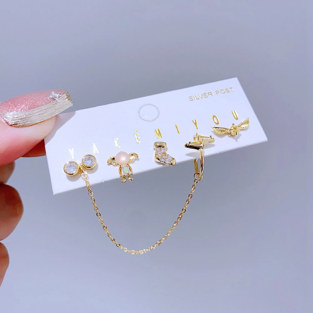 5pcs/set Mixed Cartoon Stud Earrings Gold Color Plated Cubic Zirconia Crystal Women Girls Jewellery