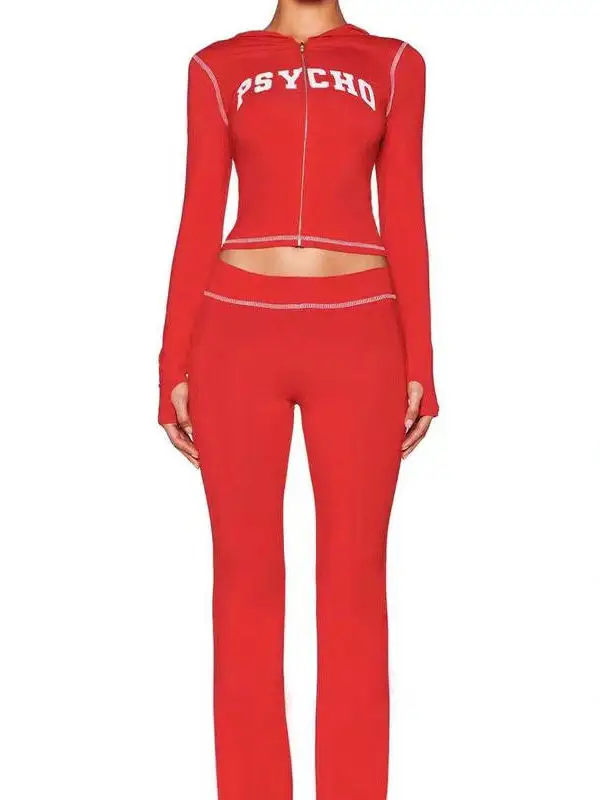 

Iia Slim Fit Hooded Zipper Short Jacket Pants Set Letter Print Contrast Stitch Design Casual Style Women's Winter Fashion Outfit